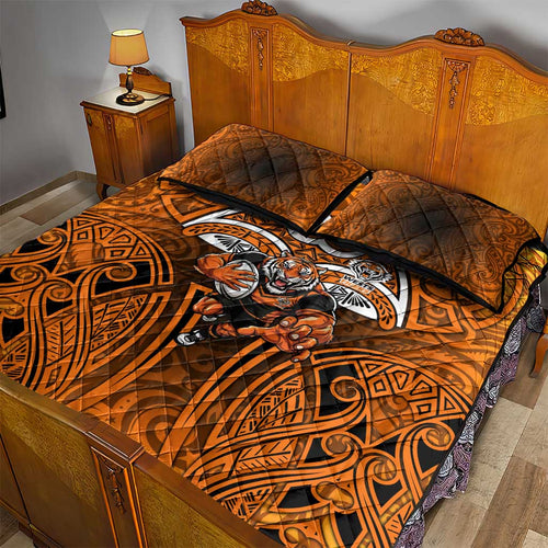 Wests Tigers Rugby Quilt Bed Set Polynesian Tribal Tiger Warrior Orange Black Pattern