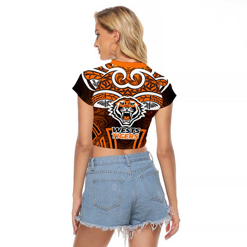 Wests Tigers Rugby Raglan Cropped T Shirt Polynesian Tribal Tiger Warrior Orange Black Pattern