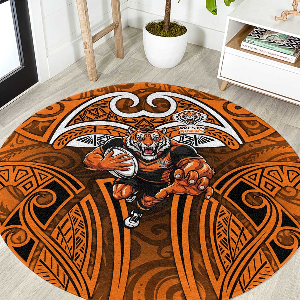 Wests Tigers Rugby Round Carpet Polynesian Tribal Tiger Warrior Orange Black Pattern