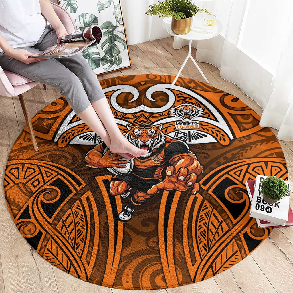 Wests Tigers Rugby Round Carpet Polynesian Tribal Tiger Warrior Orange Black Pattern