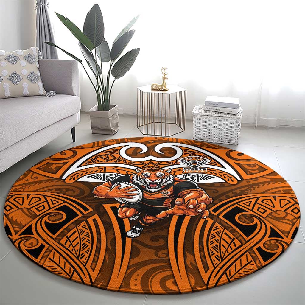 Wests Tigers Rugby Round Carpet Polynesian Tribal Tiger Warrior Orange Black Pattern