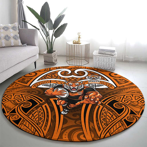 Wests Tigers Rugby Round Carpet Polynesian Tribal Tiger Warrior Orange Black Pattern
