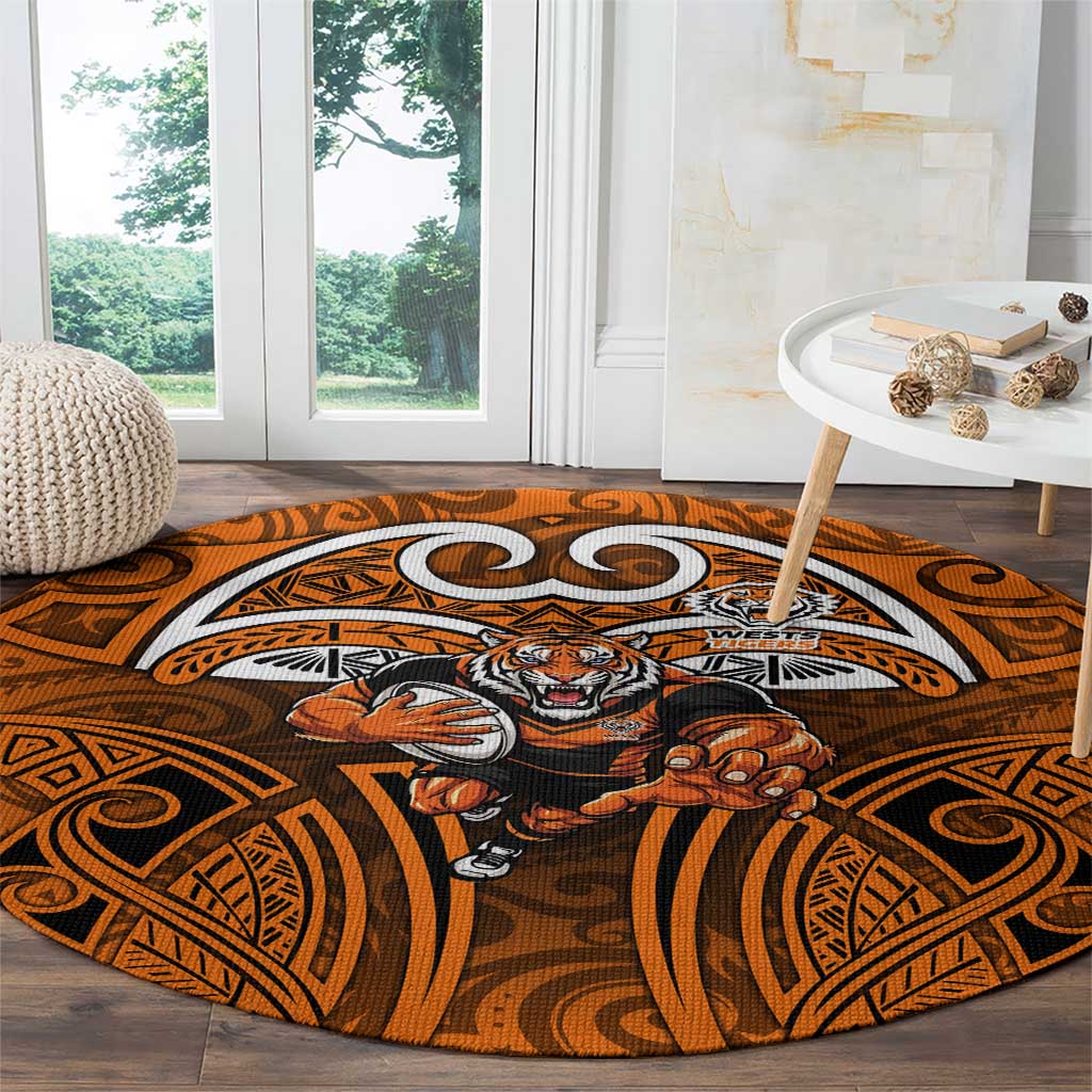 Wests Tigers Rugby Round Carpet Polynesian Tribal Tiger Warrior Orange Black Pattern