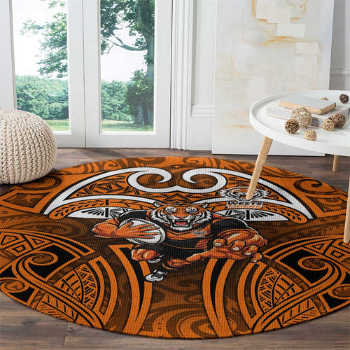 Wests Tigers Rugby Round Carpet Polynesian Tribal Tiger Warrior Orange Black Pattern