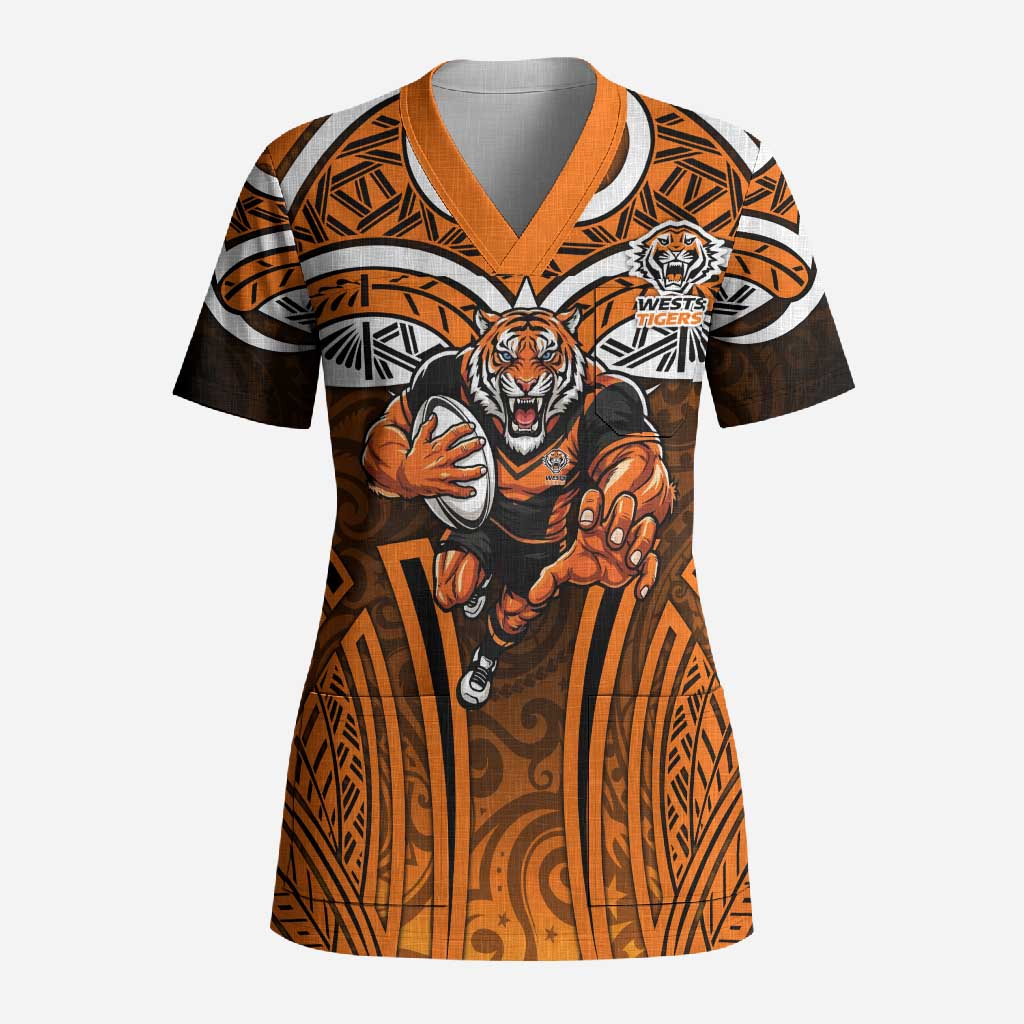 Wests Tigers Rugby Scrub Top Polynesian Tribal Tiger Warrior Orange Black Pattern