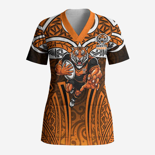Wests Tigers Rugby Scrub Top Polynesian Tribal Tiger Warrior Orange Black Pattern
