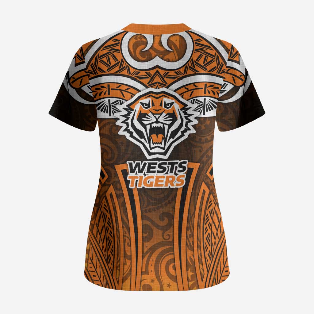 Wests Tigers Rugby Scrub Top Polynesian Tribal Tiger Warrior Orange Black Pattern
