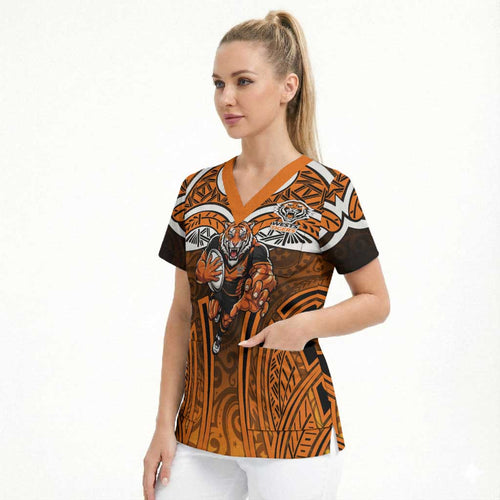 Wests Tigers Rugby Scrub Top Polynesian Tribal Tiger Warrior Orange Black Pattern
