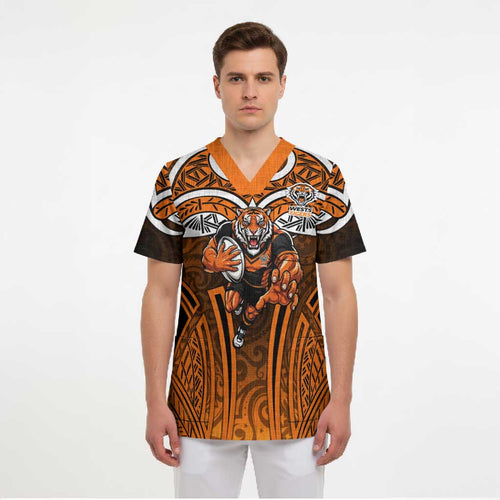Wests Tigers Rugby Scrub Top Polynesian Tribal Tiger Warrior Orange Black Pattern