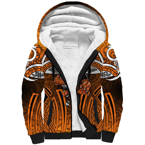 Wests Tigers Rugby Sherpa Hoodie Polynesian Tribal Tiger Warrior Orange Black Pattern
