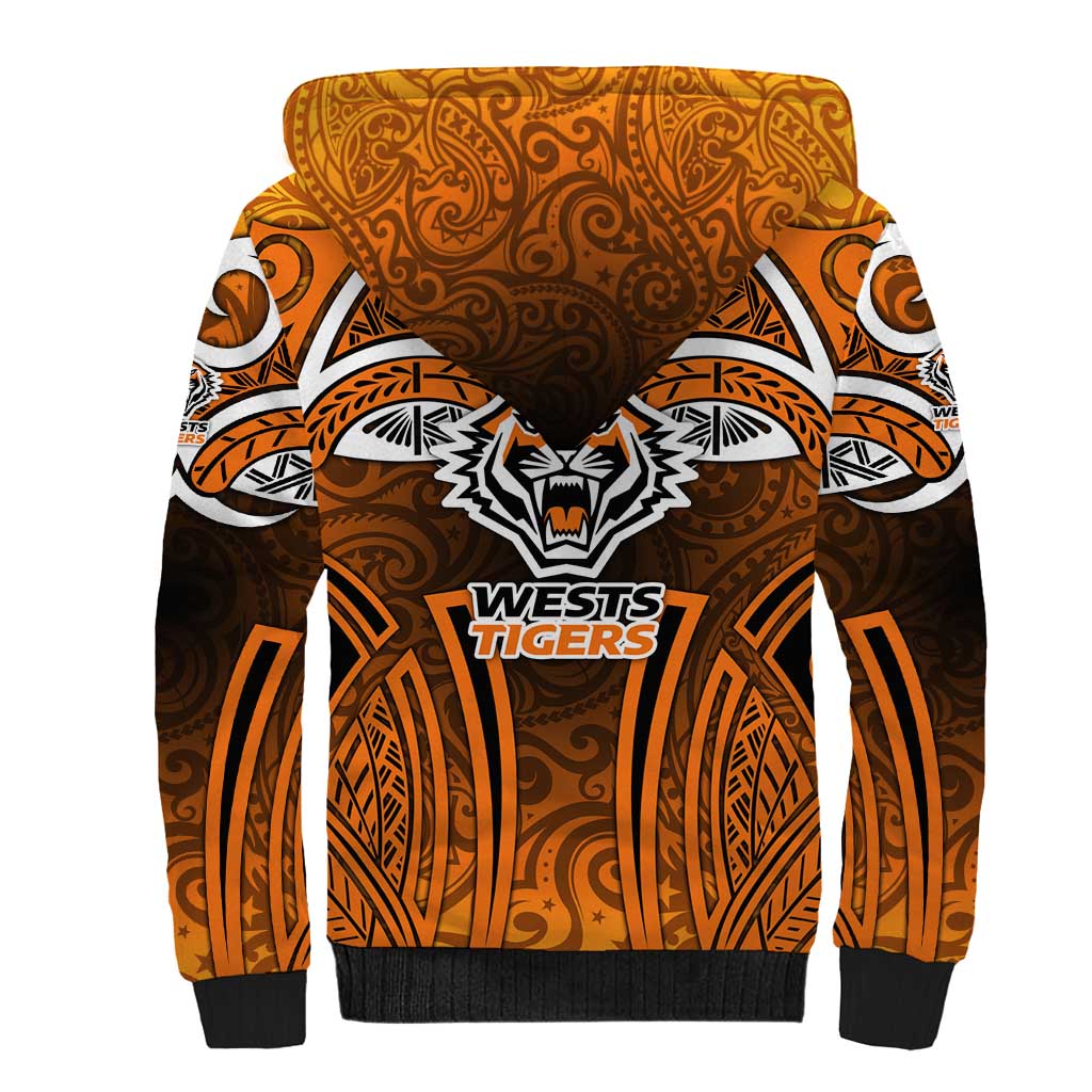 Wests Tigers Rugby Sherpa Hoodie Polynesian Tribal Tiger Warrior Orange Black Pattern