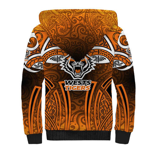 Wests Tigers Rugby Sherpa Hoodie Polynesian Tribal Tiger Warrior Orange Black Pattern