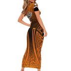 Wests Tigers Rugby Short Sleeve Bodycon Dress Polynesian Tribal Tiger Warrior Orange Black Pattern