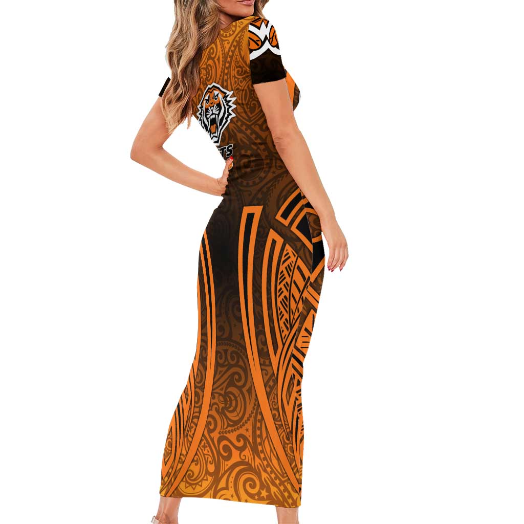 Wests Tigers Rugby Short Sleeve Bodycon Dress Polynesian Tribal Tiger Warrior Orange Black Pattern