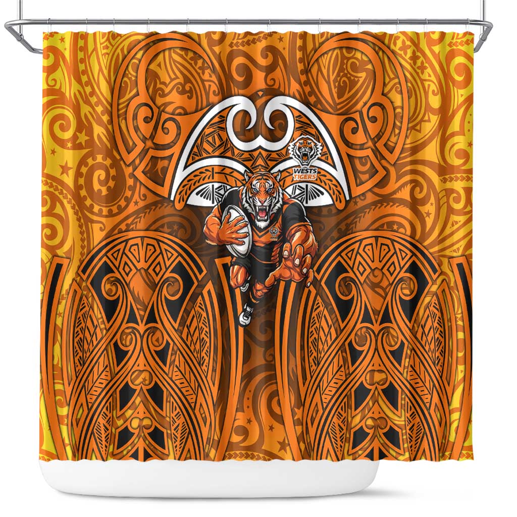Wests Tigers Rugby Shower Curtain Polynesian Tribal Tiger Warrior Orange Black Pattern