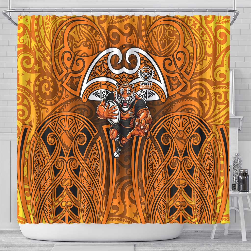 Wests Tigers Rugby Shower Curtain Polynesian Tribal Tiger Warrior Orange Black Pattern