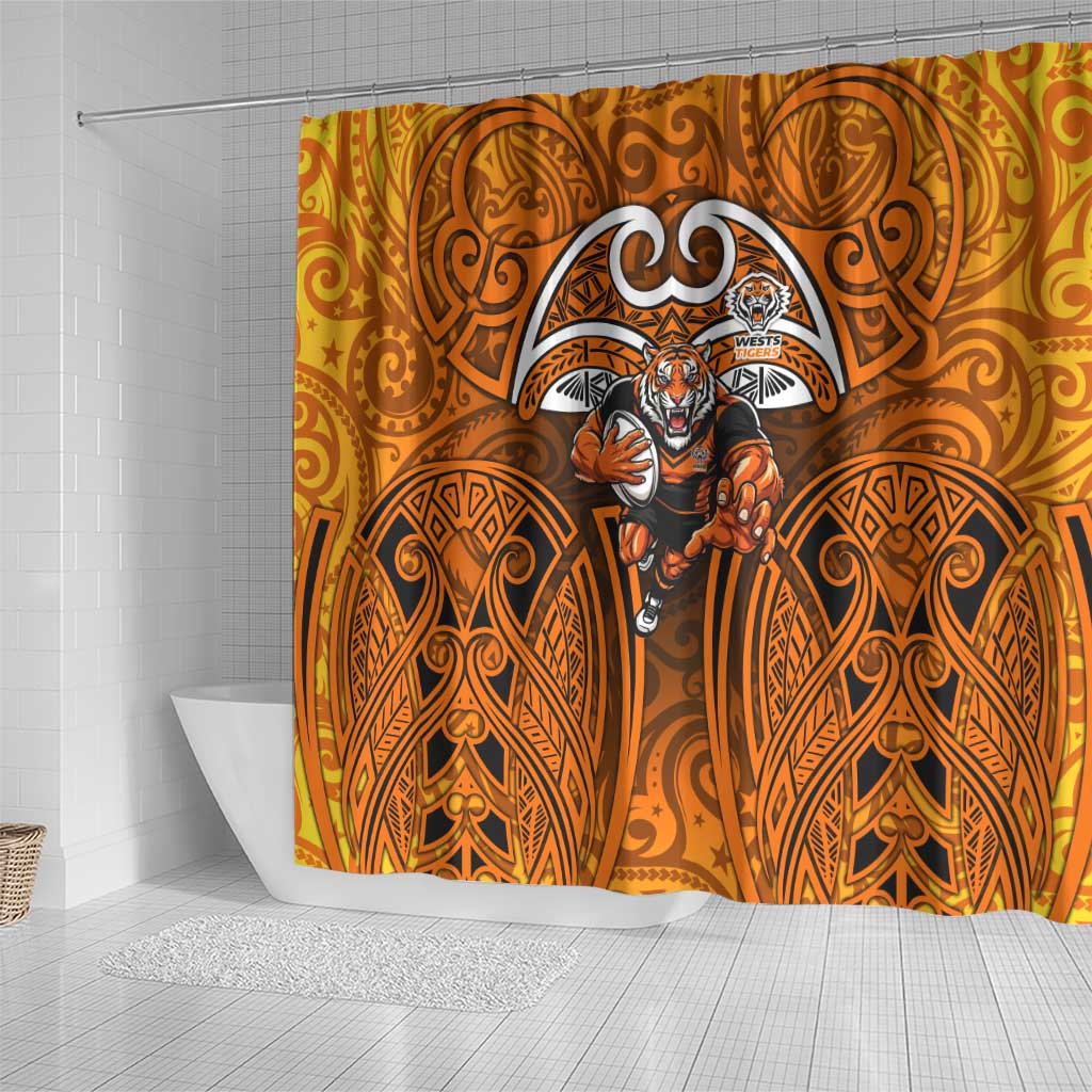 Wests Tigers Rugby Shower Curtain Polynesian Tribal Tiger Warrior Orange Black Pattern