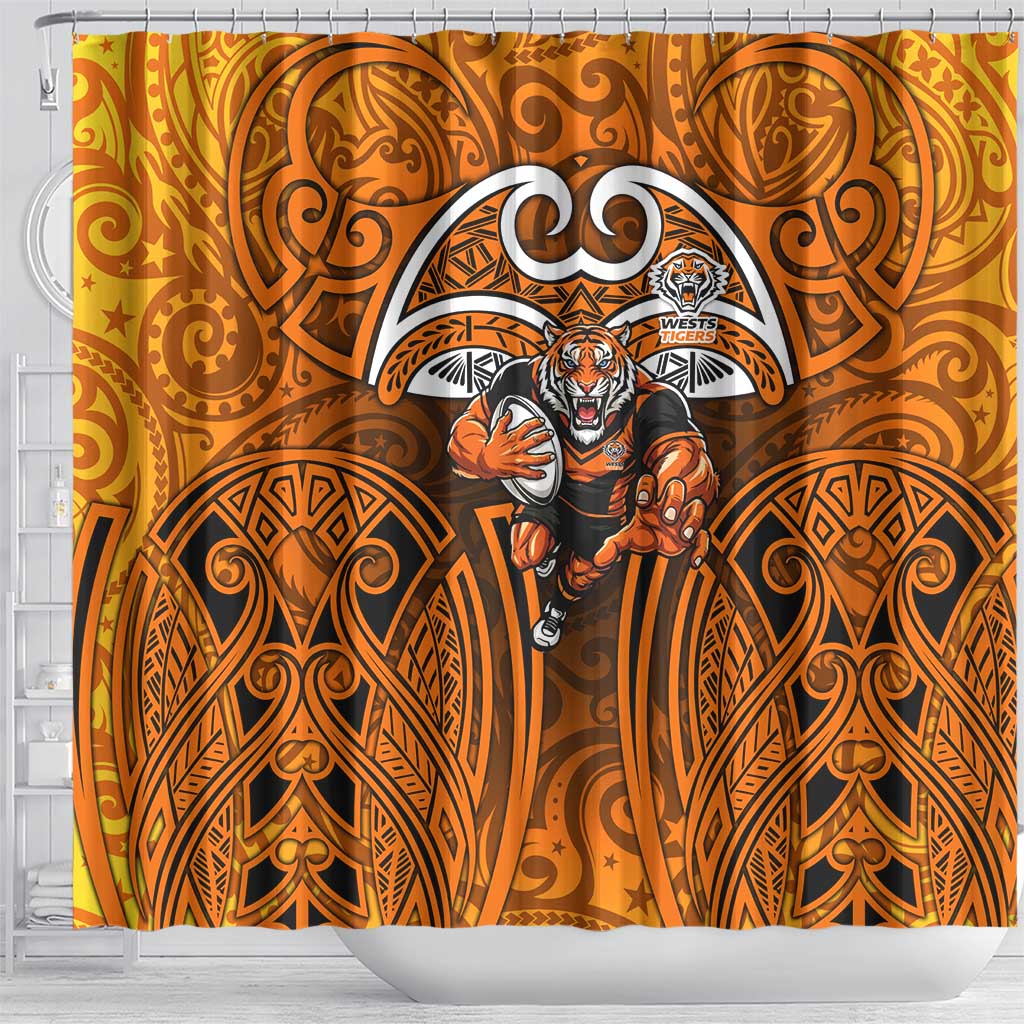 Wests Tigers Rugby Shower Curtain Polynesian Tribal Tiger Warrior Orange Black Pattern