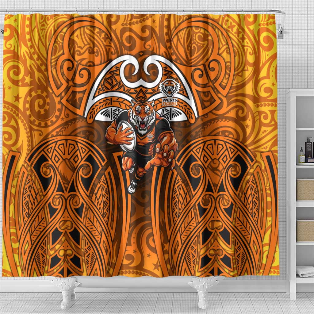 Wests Tigers Rugby Shower Curtain Polynesian Tribal Tiger Warrior Orange Black Pattern