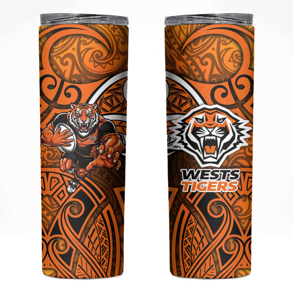 Wests Tigers Rugby Skinny Tumbler Polynesian Tribal Tiger Warrior Orange Black Pattern