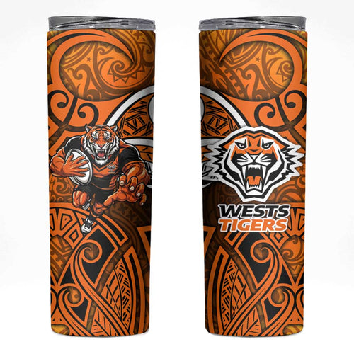 Wests Tigers Rugby Skinny Tumbler Polynesian Tribal Tiger Warrior Orange Black Pattern
