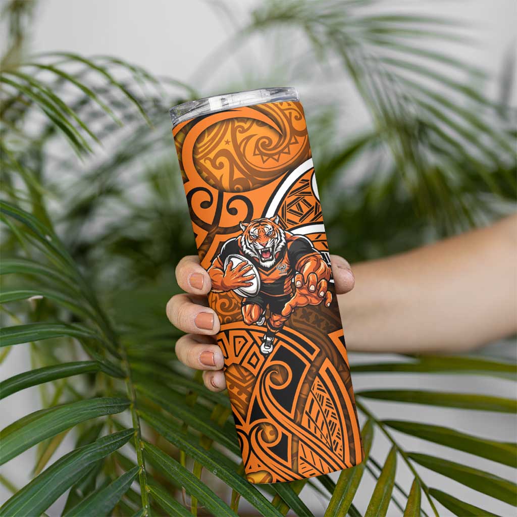 Wests Tigers Rugby Skinny Tumbler Polynesian Tribal Tiger Warrior Orange Black Pattern
