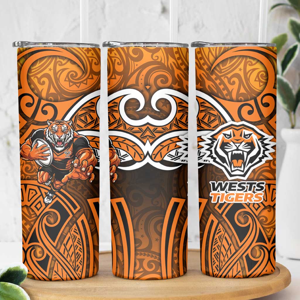 Wests Tigers Rugby Skinny Tumbler Polynesian Tribal Tiger Warrior Orange Black Pattern