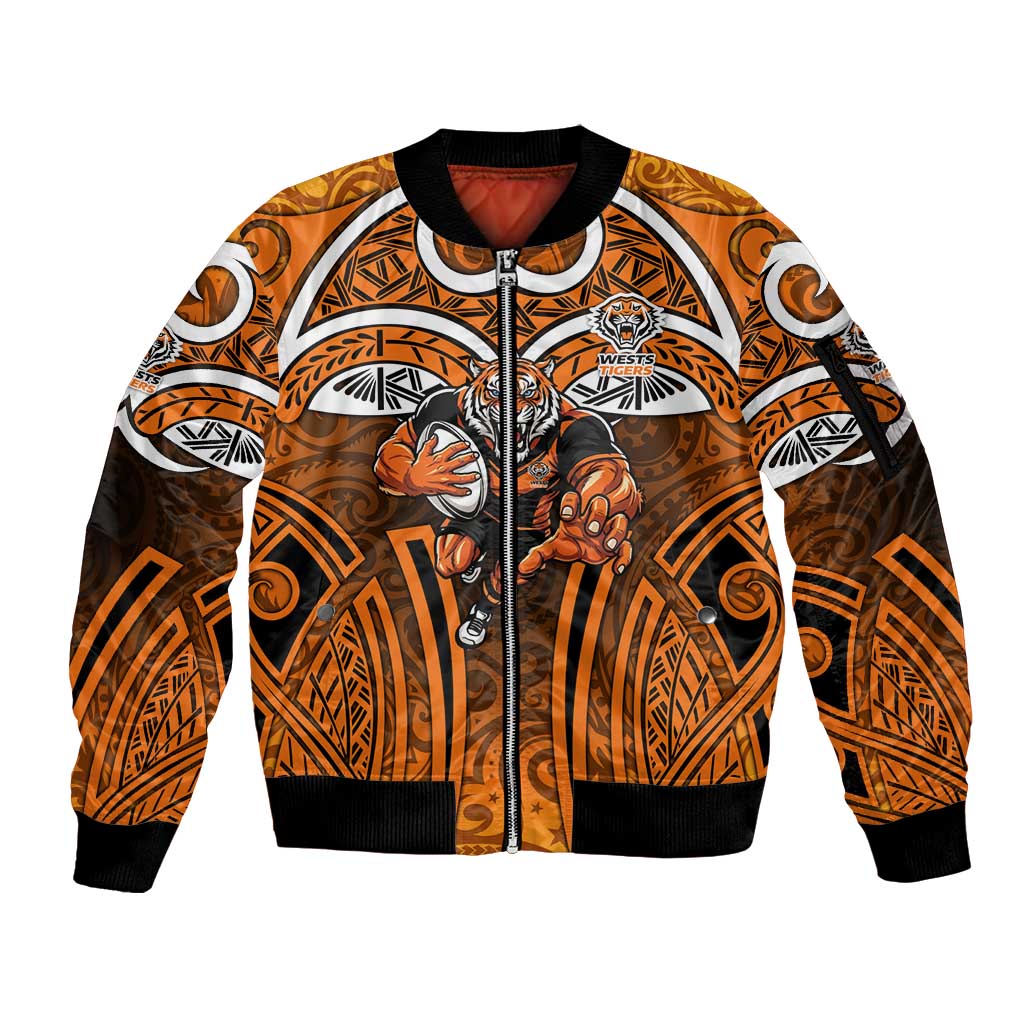 Wests Tigers Rugby Sleeve Zip Bomber Jacket Polynesian Tribal Tiger Warrior Orange Black Pattern