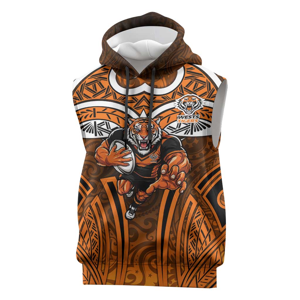 Wests Tigers Rugby Sleeveless Hoodie Polynesian Tribal Tiger Warrior Orange Black Pattern