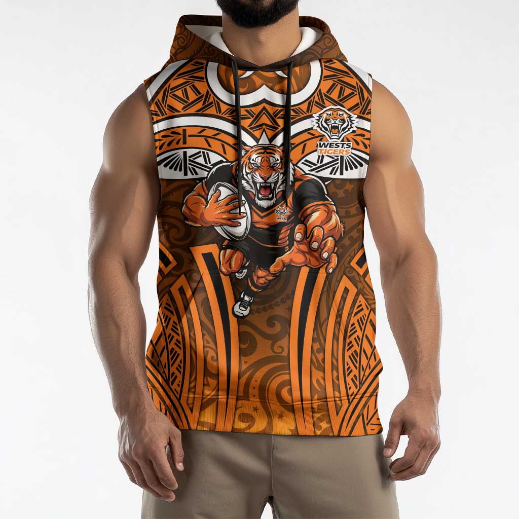 Wests Tigers Rugby Sleeveless Hoodie Polynesian Tribal Tiger Warrior Orange Black Pattern
