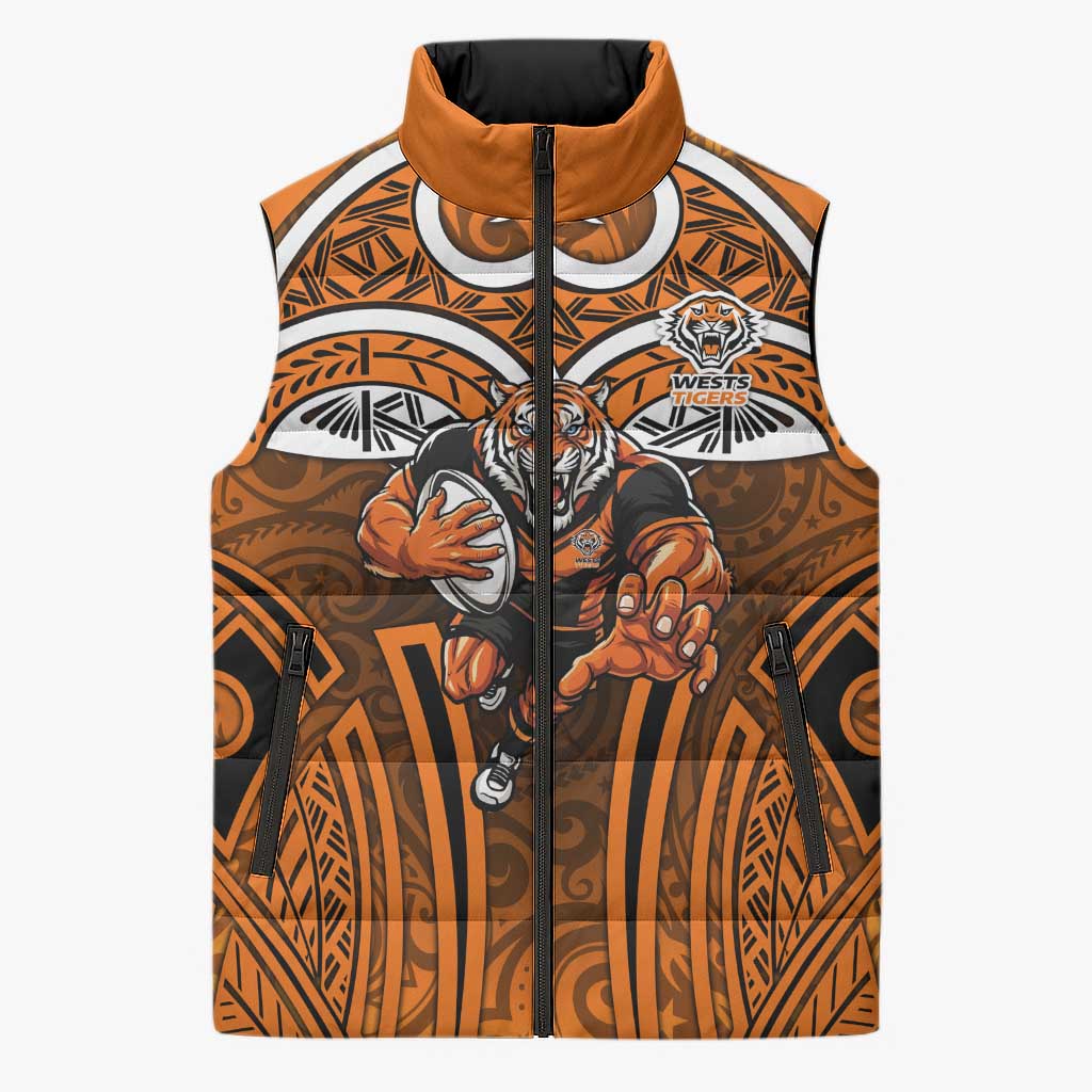 Wests Tigers Rugby Sleeveless Puffer Jacket Polynesian Tribal Tiger Warrior Orange Black Pattern