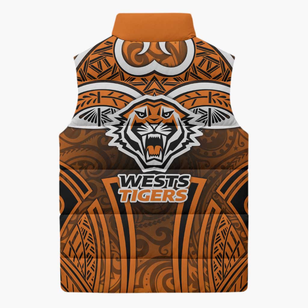 Wests Tigers Rugby Sleeveless Puffer Jacket Polynesian Tribal Tiger Warrior Orange Black Pattern