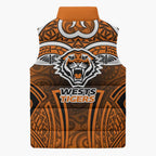 Wests Tigers Rugby Sleeveless Puffer Jacket Polynesian Tribal Tiger Warrior Orange Black Pattern