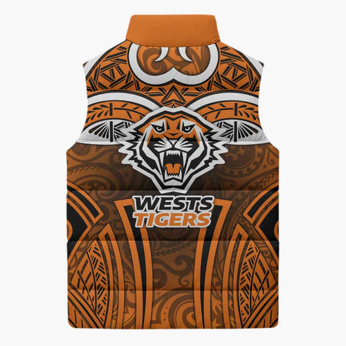 Wests Tigers Rugby Sleeveless Puffer Jacket Polynesian Tribal Tiger Warrior Orange Black Pattern