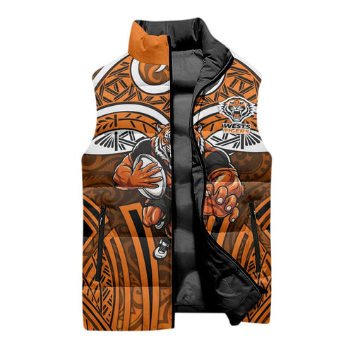 Wests Tigers Rugby Sleeveless Puffer Jacket Polynesian Tribal Tiger Warrior Orange Black Pattern