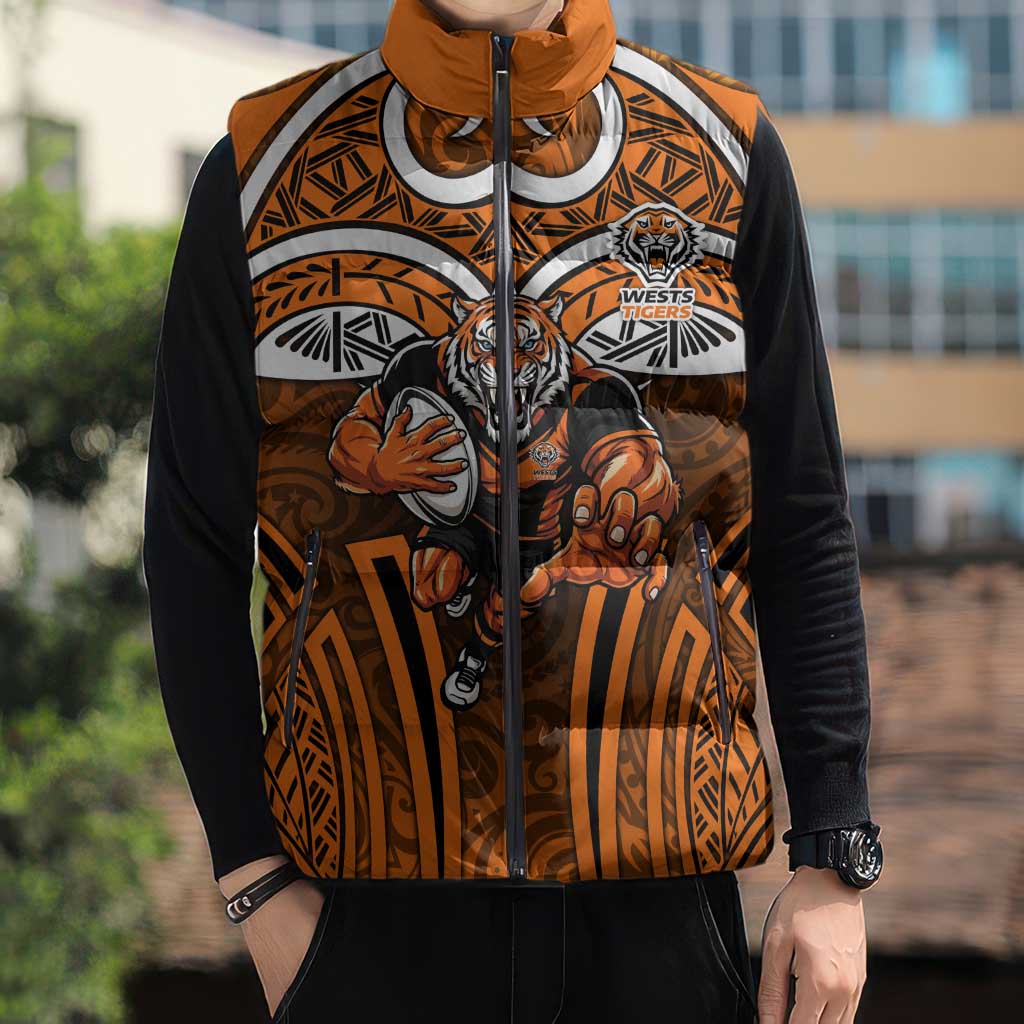 Wests Tigers Rugby Sleeveless Puffer Jacket Polynesian Tribal Tiger Warrior Orange Black Pattern