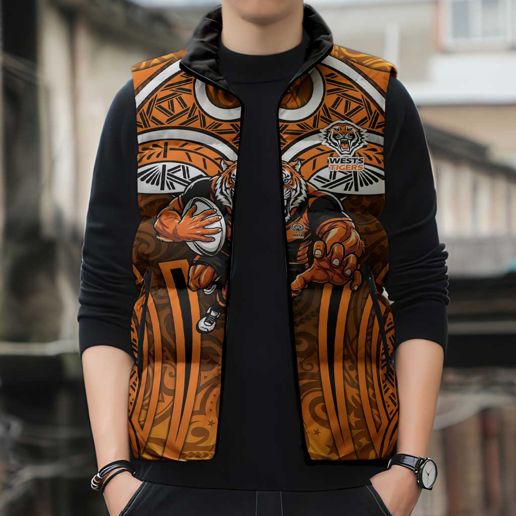 Wests Tigers Rugby Sleeveless Puffer Jacket Polynesian Tribal Tiger Warrior Orange Black Pattern