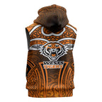 Wests Tigers Rugby Sleeveless Zip Hoodie Polynesian Tribal Tiger Warrior Orange Black Pattern