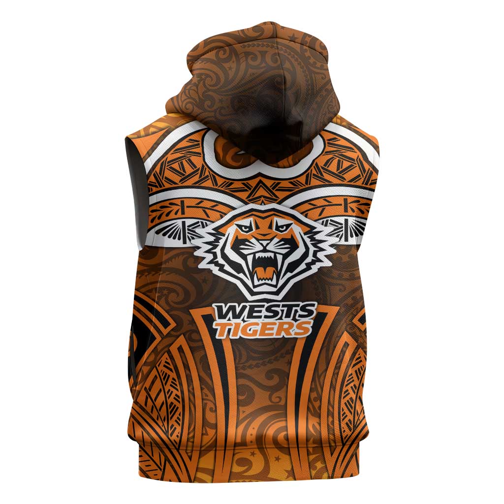 Wests Tigers Rugby Sleeveless Zip Hoodie Polynesian Tribal Tiger Warrior Orange Black Pattern