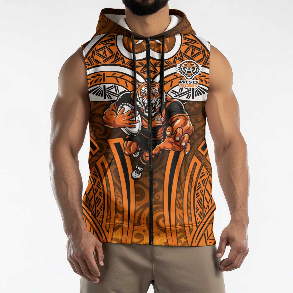 Wests Tigers Rugby Sleeveless Zip Hoodie Polynesian Tribal Tiger Warrior Orange Black Pattern