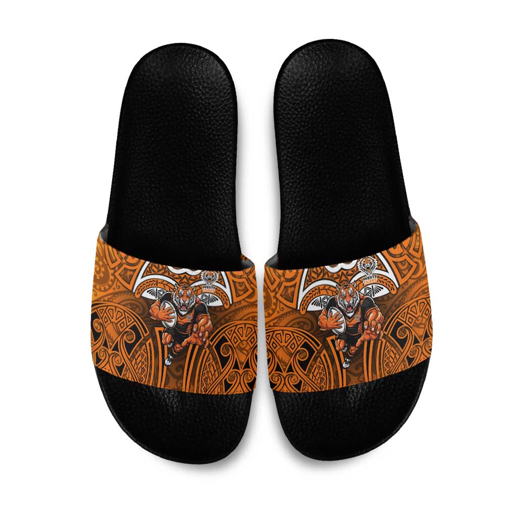 Wests Tigers Rugby Slide Sandals Polynesian Tribal Tiger Warrior Orange Black Pattern