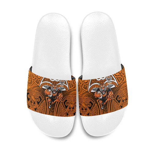 Wests Tigers Rugby Slide Sandals Polynesian Tribal Tiger Warrior Orange Black Pattern