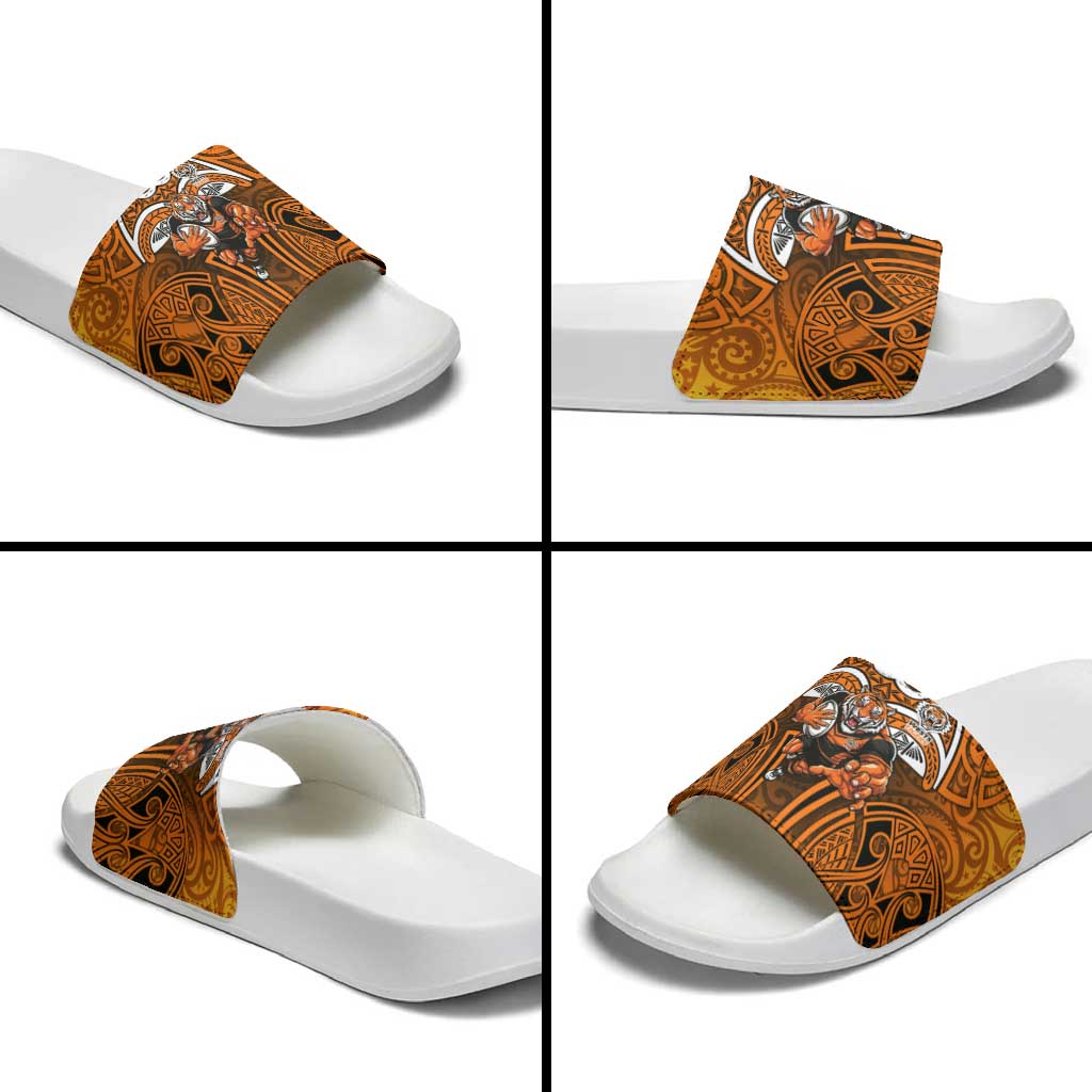 Wests Tigers Rugby Slide Sandals Polynesian Tribal Tiger Warrior Orange Black Pattern