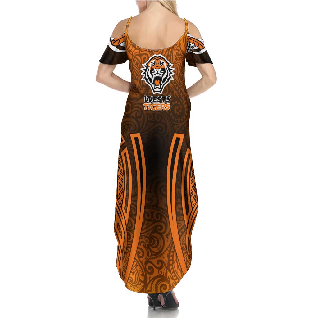 Wests Tigers Rugby Summer Maxi Dress Polynesian Tribal Tiger Warrior Orange Black Pattern