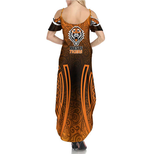 Wests Tigers Rugby Summer Maxi Dress Polynesian Tribal Tiger Warrior Orange Black Pattern