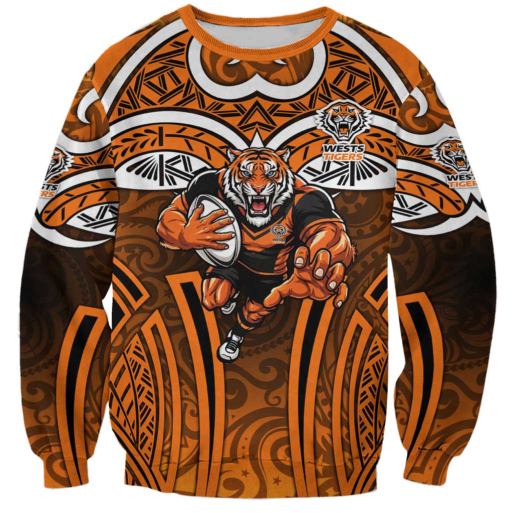 Wests Tigers Rugby Sweatshirt Polynesian Tribal Tiger Warrior Orange Black Pattern