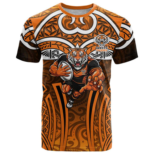 Wests Tigers Rugby T Shirt Polynesian Tribal Tiger Warrior Orange Black Pattern