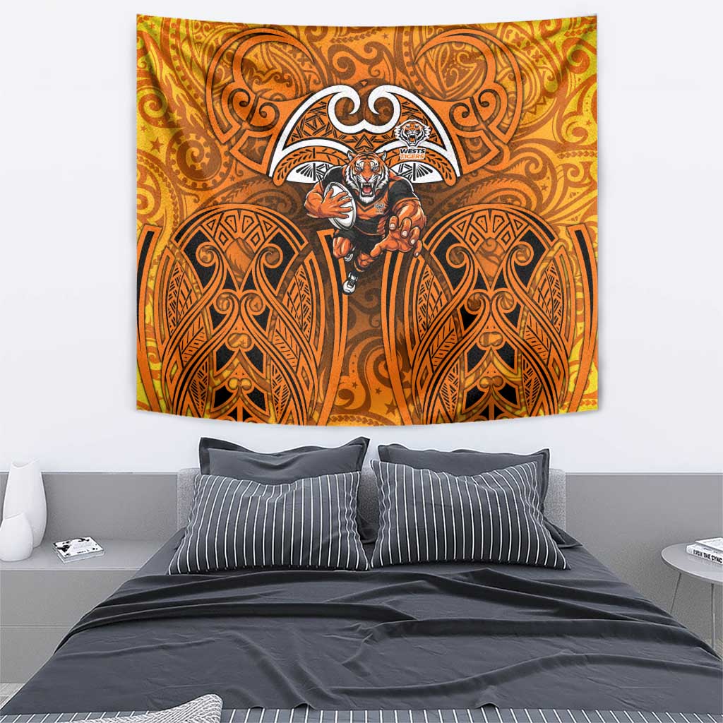 Wests Tigers Rugby Tapestry Polynesian Tribal Tiger Warrior Orange Black Pattern