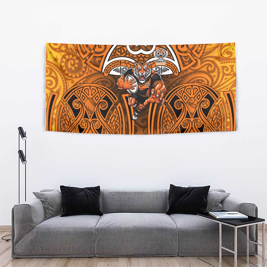Wests Tigers Rugby Tapestry Polynesian Tribal Tiger Warrior Orange Black Pattern