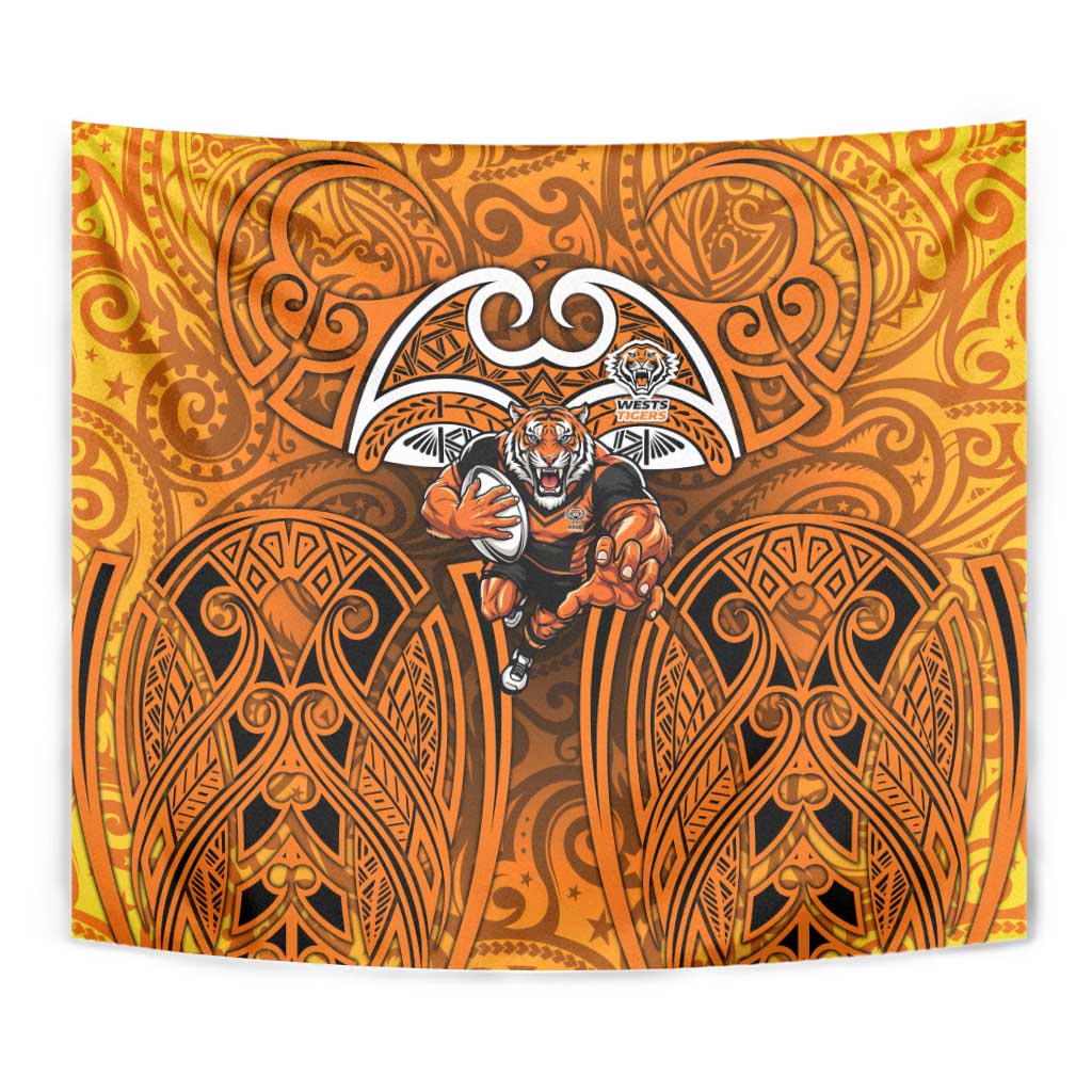 Wests Tigers Rugby Tapestry Polynesian Tribal Tiger Warrior Orange Black Pattern